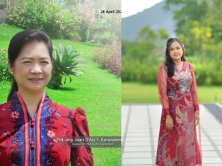 KOLABORASI: Ketua TKKT Tomohon drg Jeand'arc Senduk-Karundeng, dan Ketua Umum Panitia Lomba Tarian Kolcis Teresia E. Mantiri. Dok istimewa 