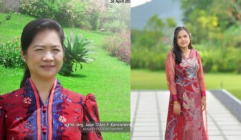 KOLABORASI: Ketua TKKT Tomohon drg Jeand'arc Senduk-Karundeng, dan Ketua Umum Panitia Lomba Tarian Kolcis Teresia E. Mantiri. Dok istimewa 