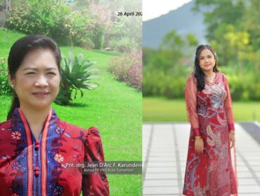 KOLABORASI: Ketua TKKT Tomohon drg Jeand'arc Senduk-Karundeng, dan Ketua Umum Panitia Lomba Tarian Kolcis Teresia E. Mantiri. Dok istimewa 
